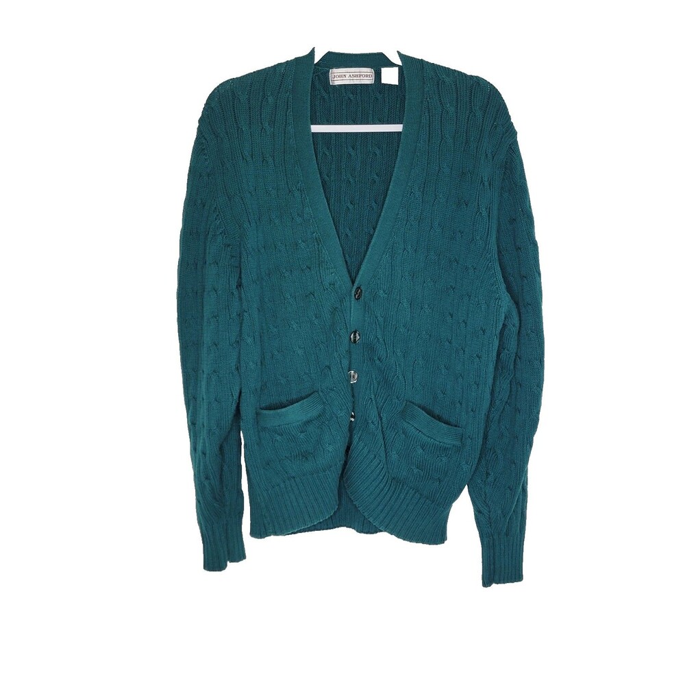 VTG John Ashford Green Grunge Grandpa Cardigan L 100% Cotton 80s 90s
